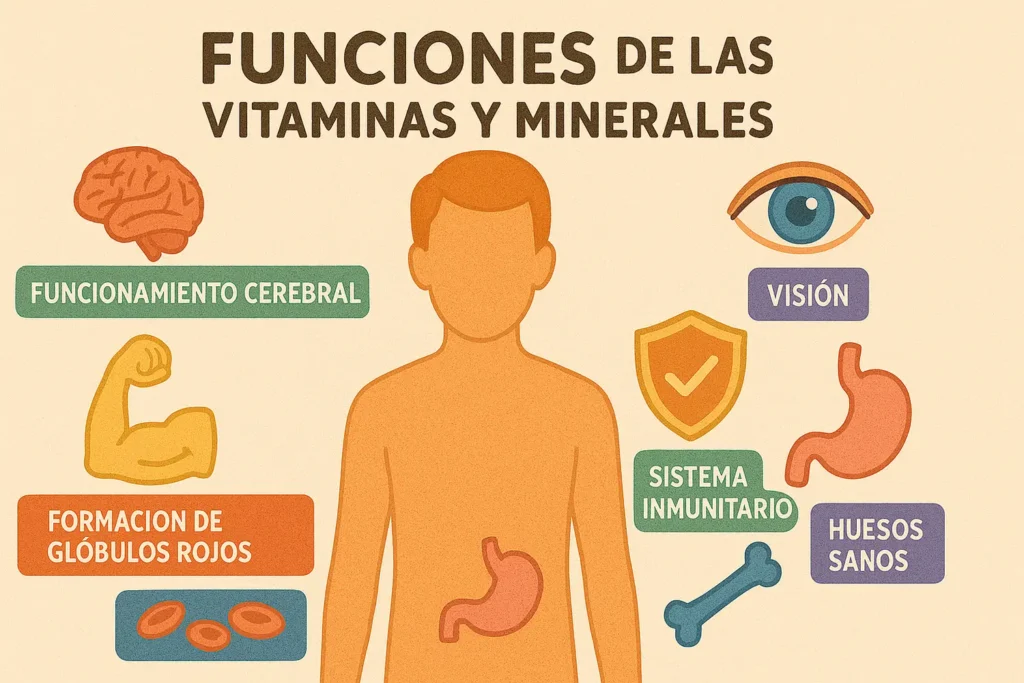 Clínica del Crecimiento | vitaminas y minerales,que son las vitaminas y minerales,vitaminas importantes para el crecimiento,para que sirven las vitaminas y minerales,beneficios de vitaminas y minerales Ilustración del cuerpo humano con funciones de las vitaminas y minerales- Clinica de crecimiento