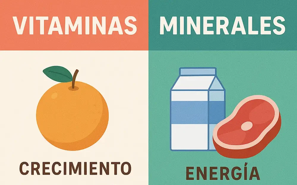 Infografía colorida explicando qué son las vitaminas y minerales- Clinica de crecimiento