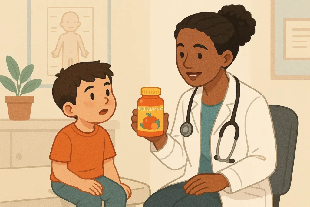 Clínica del Crecimiento | vitaminas y minerales,que son las vitaminas y minerales,vitaminas importantes para el crecimiento,para que sirven las vitaminas y minerales,beneficios de vitaminas y minerales Niño consultando con su pediatra sobre un multivitamínico- Clinica de crecimiento
