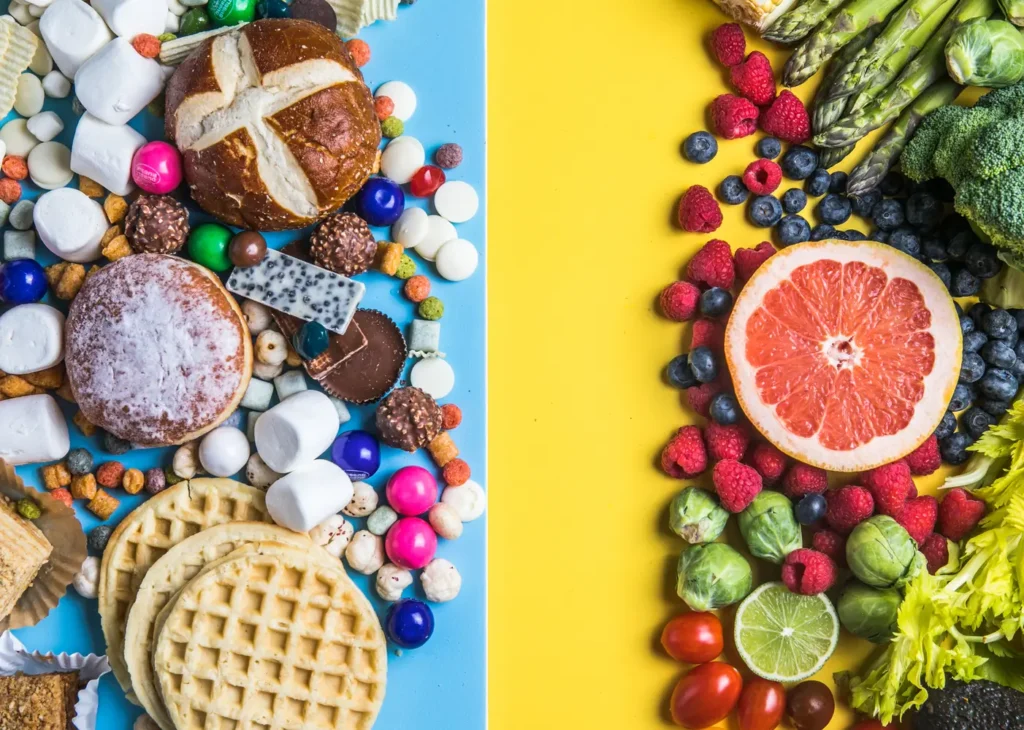 Comparación visual de qué no poner en la lonchera versus alimentos saludables- clinica del crecimiento