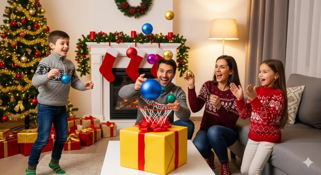 Familia jugando basket como juegos para navidad- clinica del crecimiento