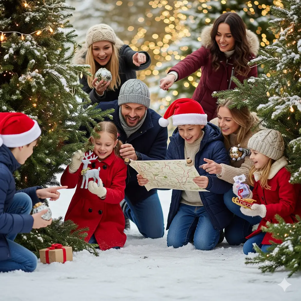 Familia organizando una búsqueda del tesoro con decoraciones de juegos de navidad- clinica del crecimiento