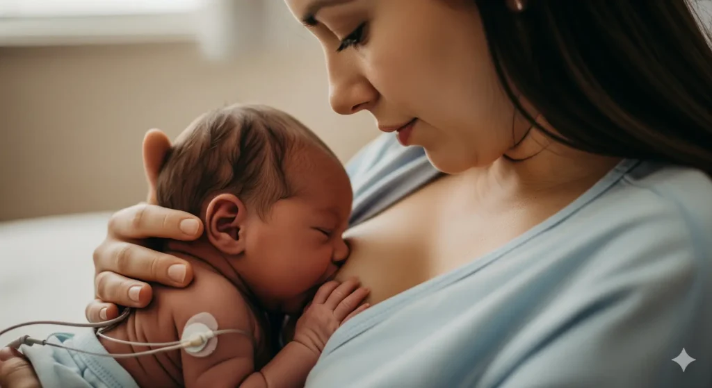 Fotografía de madre con bebé prematuro en contacto piel con piel – lactancia y contacto en nacimiento prematuro- clinica del crecimiento
