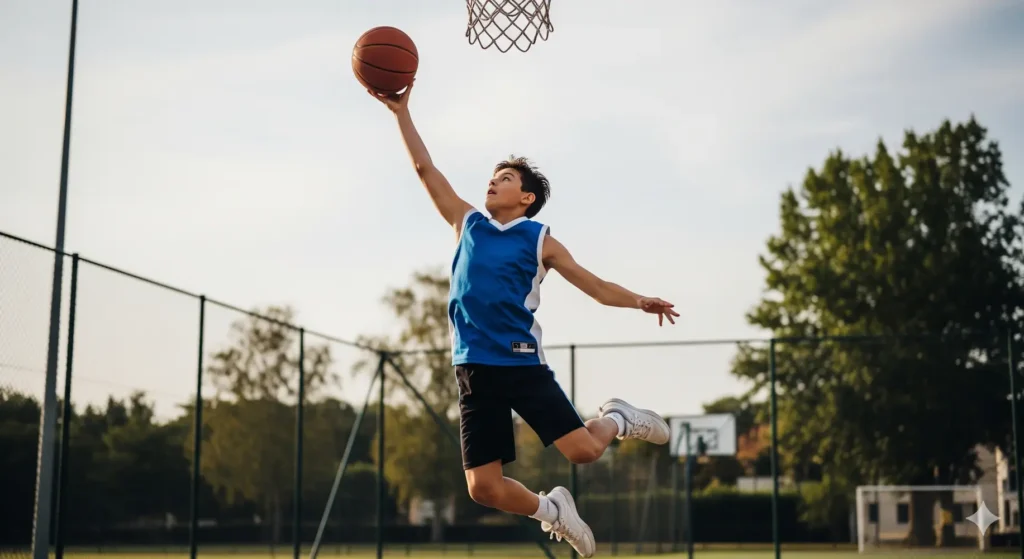Niño jugando basketball con balón – beneficios del basketball en el crecimiento infantil- clinica del crecimiento