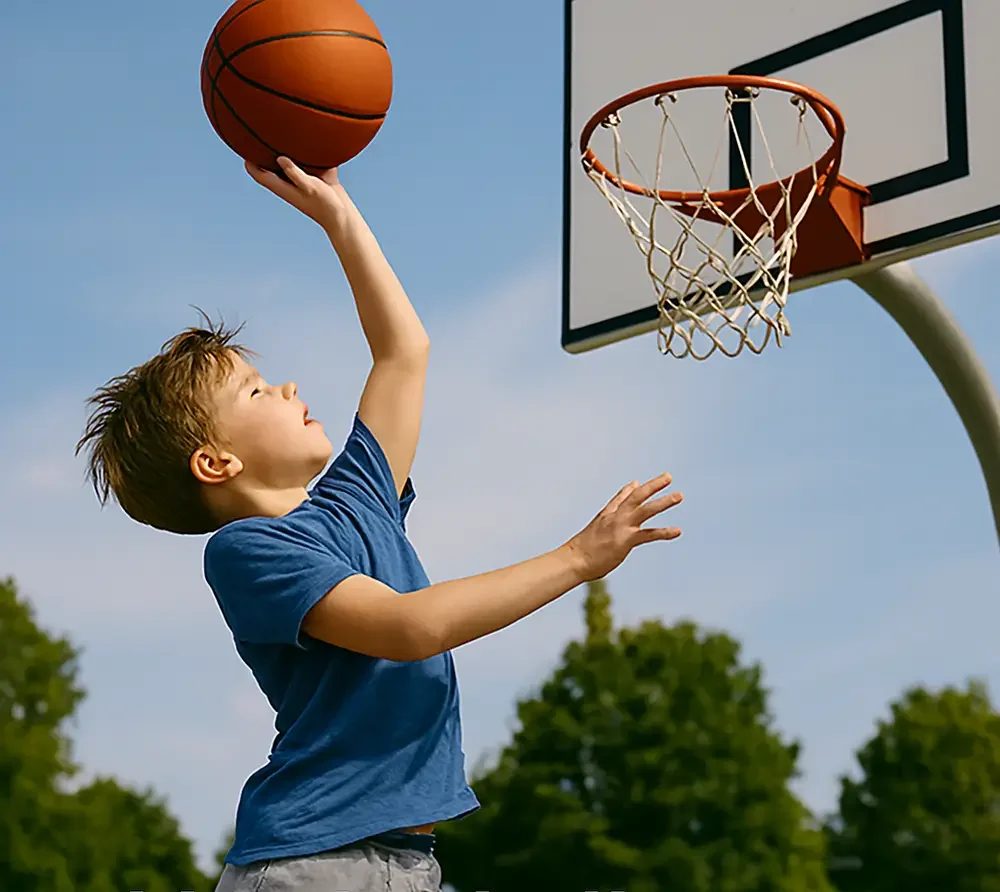 Niño saltando al encestar – el basketball y sus efectos en la estatura- clinica del crecimiento