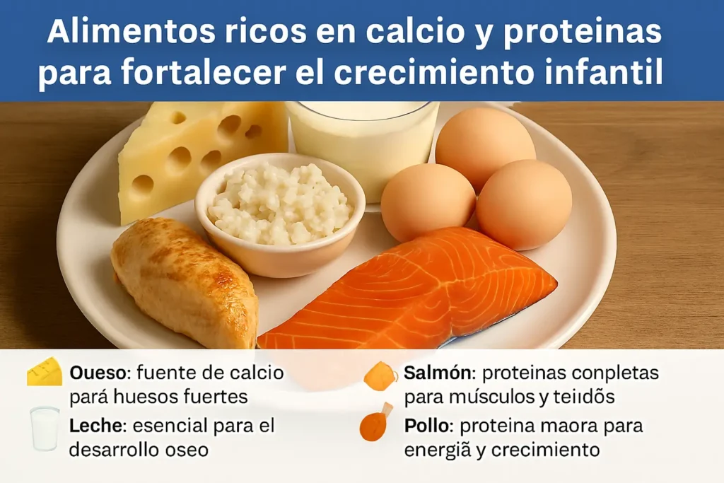 Plato con alimentos ricos en calcio y proteínas para mejorar el crecimiento- clinica del crecimiento