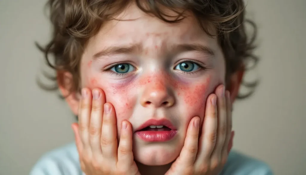 Niño con alergia en la piel mostrando enrojecimiento y ronchas- clinica del crecimiento